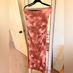 Midi brown tie die stretchy strapless dress with slit